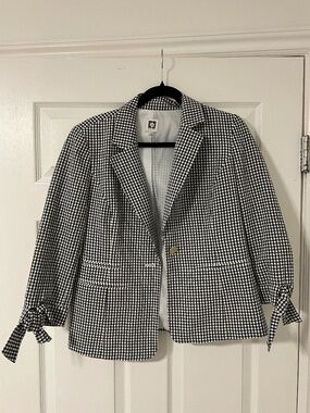 Anne Klein Gingham Blazer Small | Black & White Check Spring Jacket Tie Sleeve